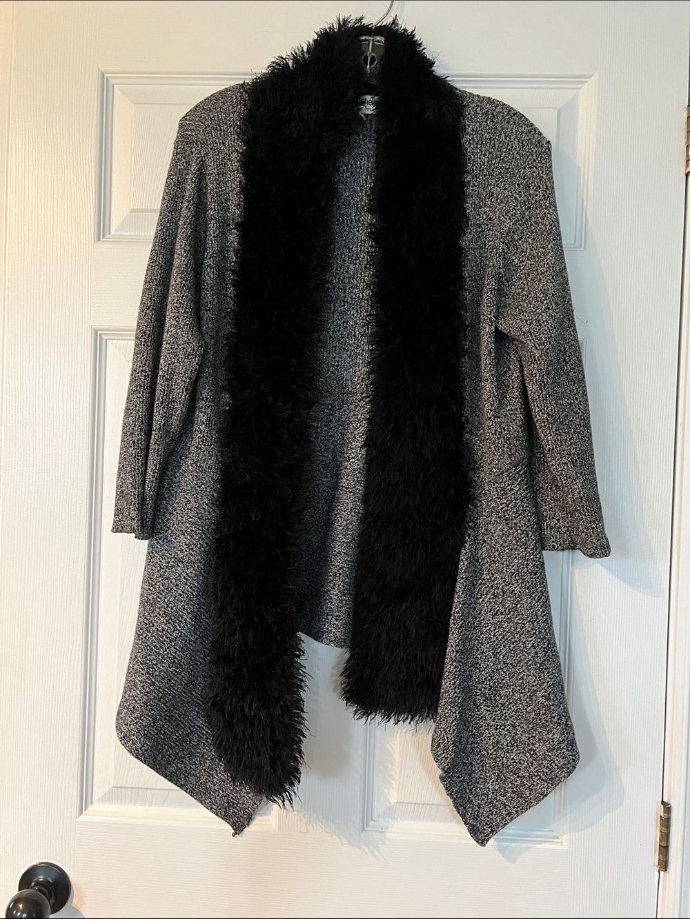 Lauren Michelle Gray Open-Front Draped Cardigan with Black Faux Fur Trim